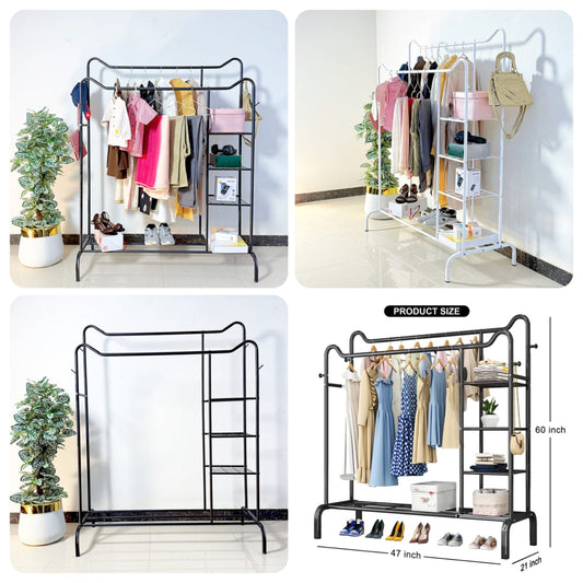 Dual Pole Movable Clothes Rack – Wardrobe Stand With Shelves & Coat Storage