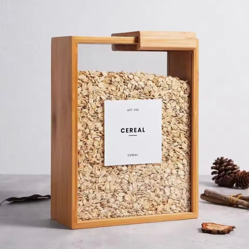Wooden Cereal Storage Jar, Grain Food Bamboo Storage Container, Kitchen Food Storage Box Organizer