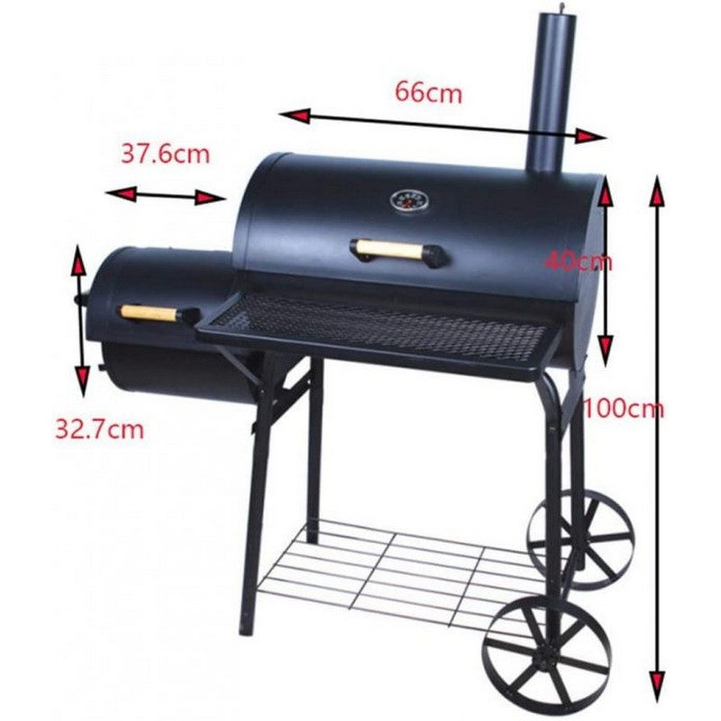Large Barbecue Smoker Grill Oil Drum Charcoal BBQ Grill With Smokestack With Wheels And Thermometer