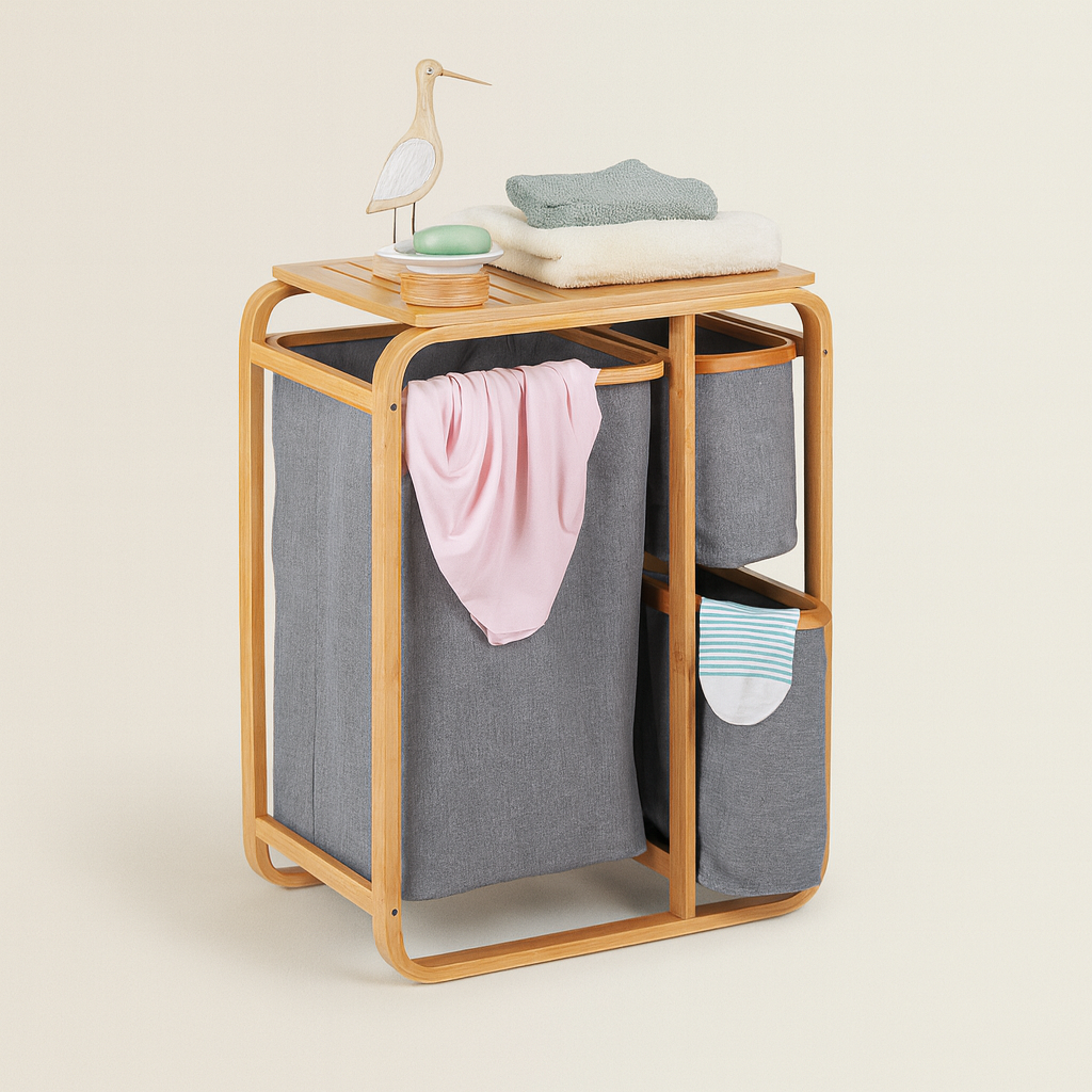 3 Grid Bamboo Laundry Basket - Grey