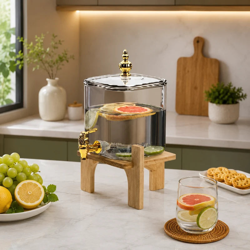 Premium 4.2L Square Glass Beverage Dispenser with Wooden Stand