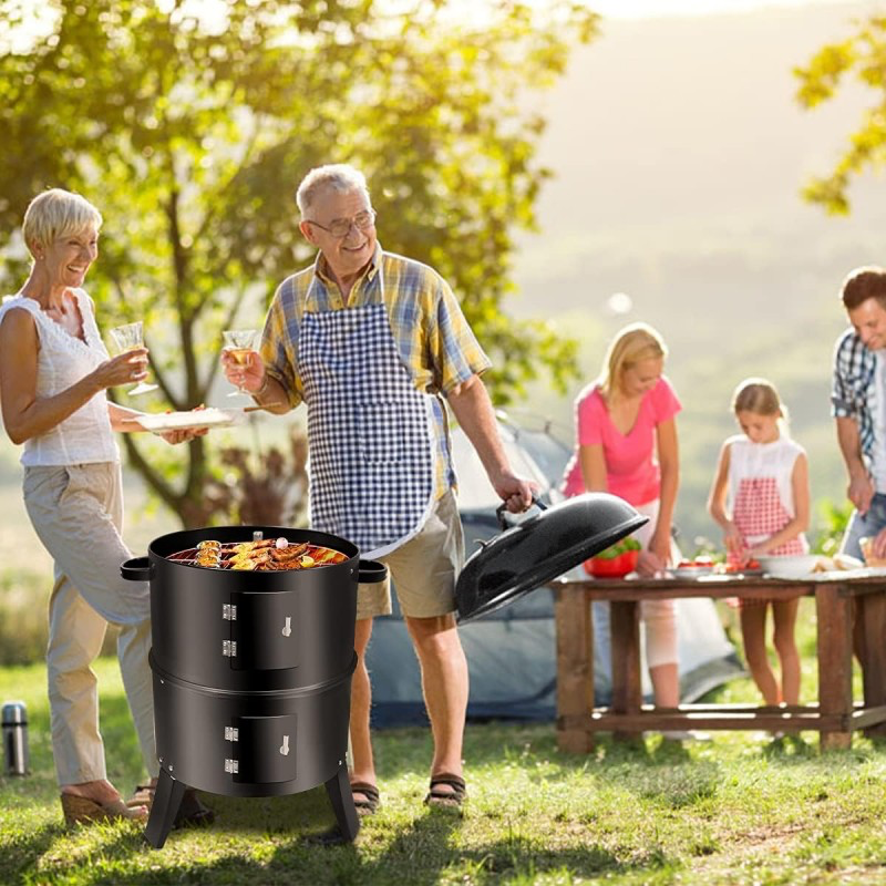 3 In 1 Vertical Charcoal Smoker,16 Inches Separable BBQ Smoker Grill Combo With Built-In Thermometer & Easy TEMP Adjustable Vent For Outdoor Cooking