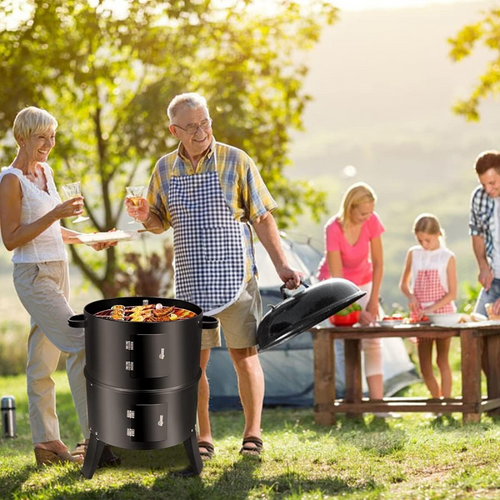 3 In 1 Vertical Charcoal Smoker,16 Inches Separable BBQ Smoker Grill Combo With Built-In Thermometer & Easy TEMP Adjustable Vent For Outdoor Cooking