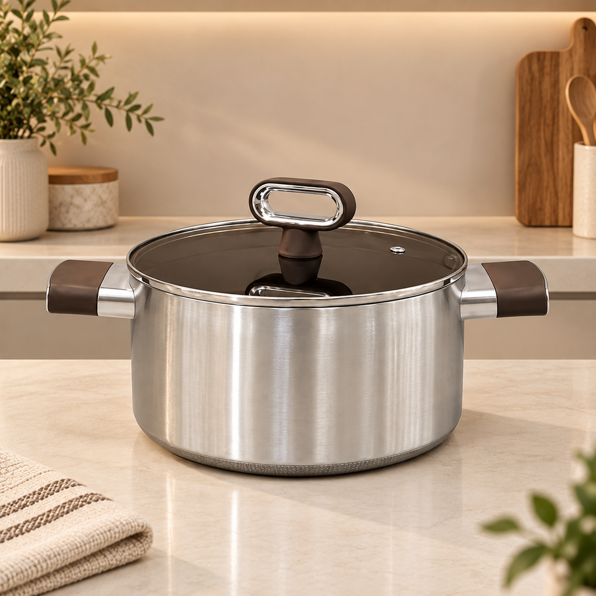 Titanium Coated Stainless Steel Cooking Pot with Glass Lid