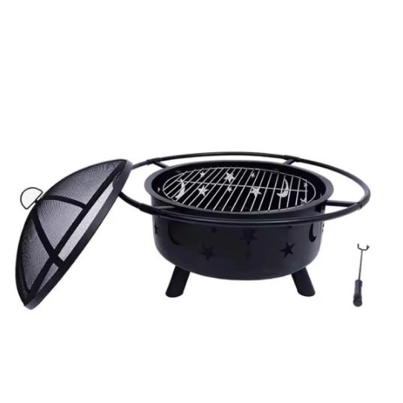 Round Bonfire Wood Burning Patio & Backyard Firepit For Cooking BBQ Grill