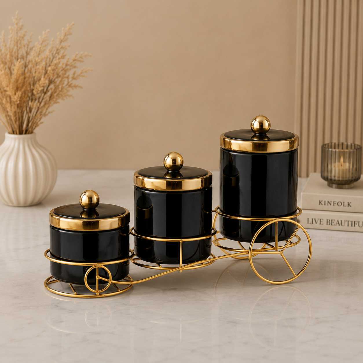3 Pcs Black Ceramic Jar Set with Golden Stand