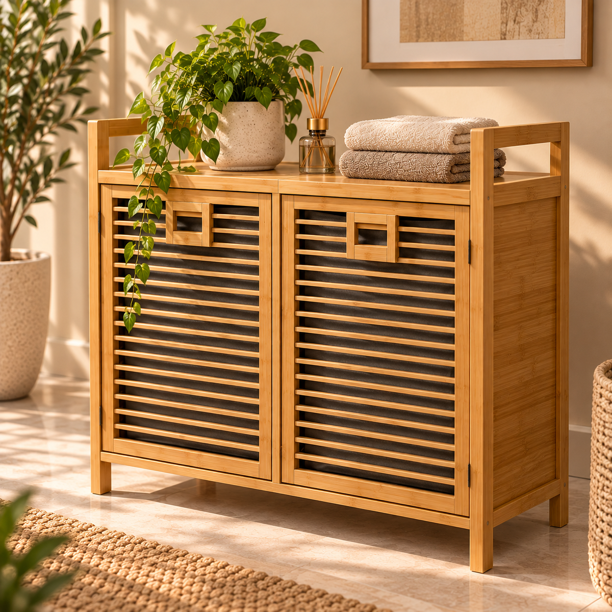 Premium Bamboo Dual Hamper Laundry Basket – 2 Compartments