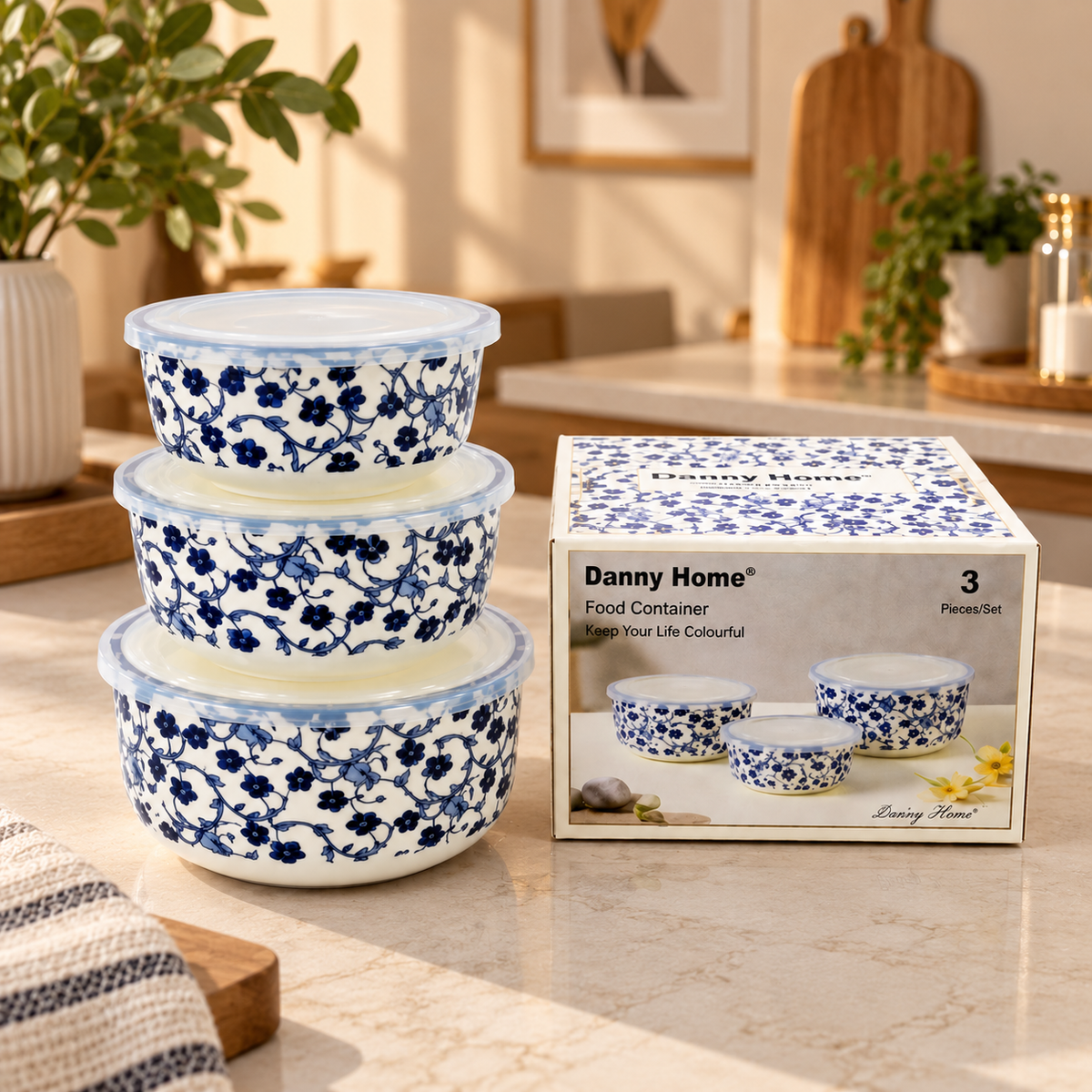 Danny Home Blue Flower 3-Piece Ceramic Food Container Set