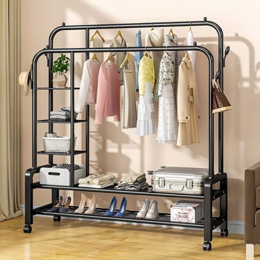 Dual Pole Movable Clothes Rack – Wardrobe Stand With Shelves & Coat Storage