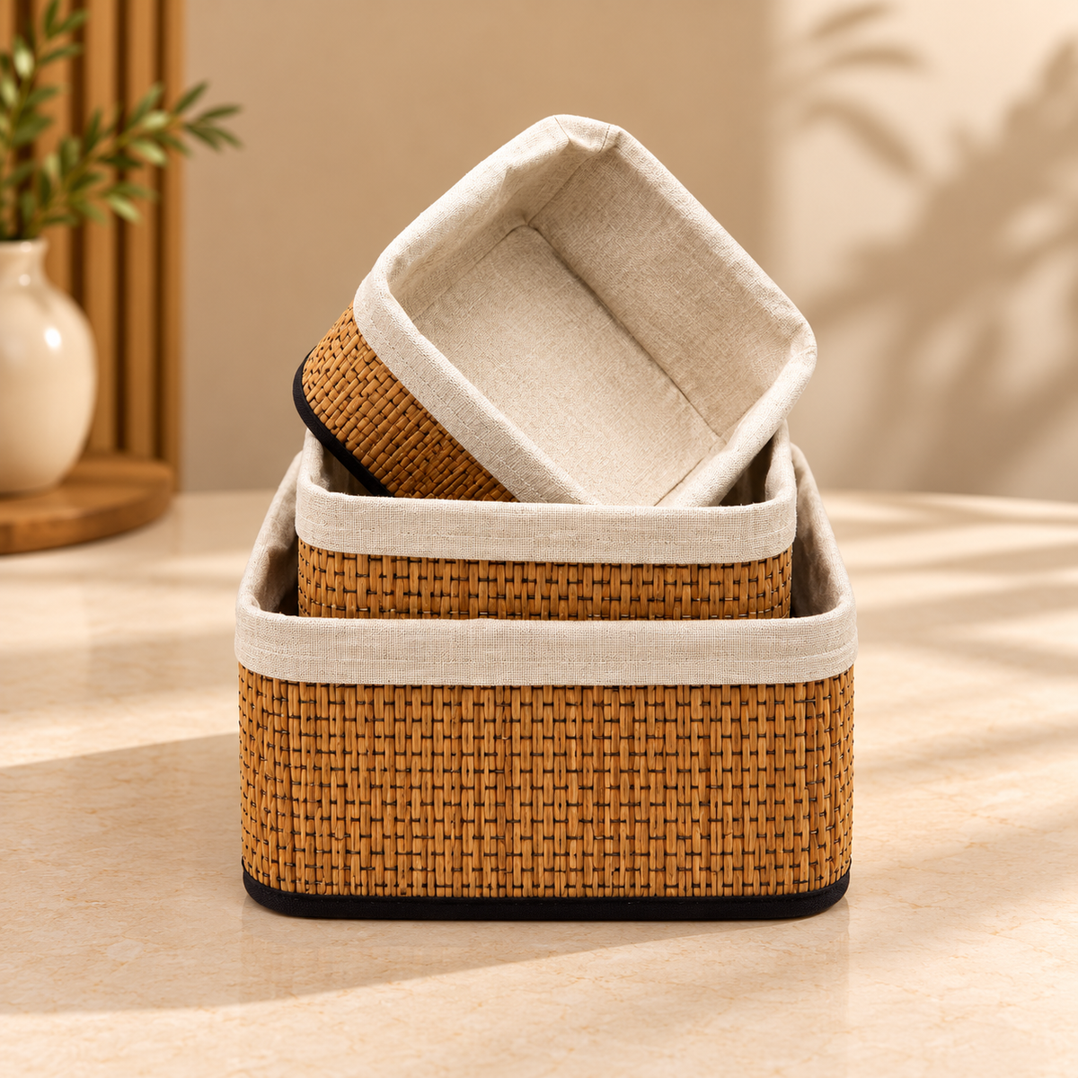 Premium Bamboo Storage Basket Set – 3 Pcs | Sqaure