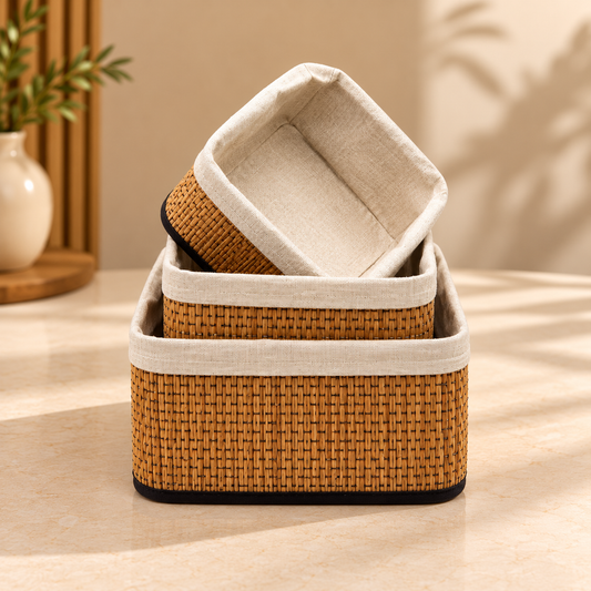 Premium Bamboo Storage Basket Set – 3 Pcs | Sqaure