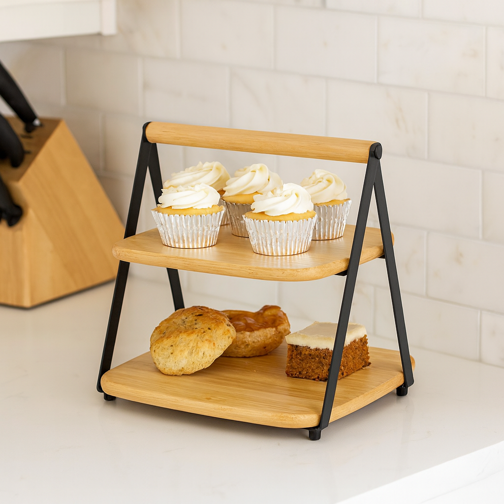 Two-Tier Wooden Dessert & Serving Stand With Metal Frame