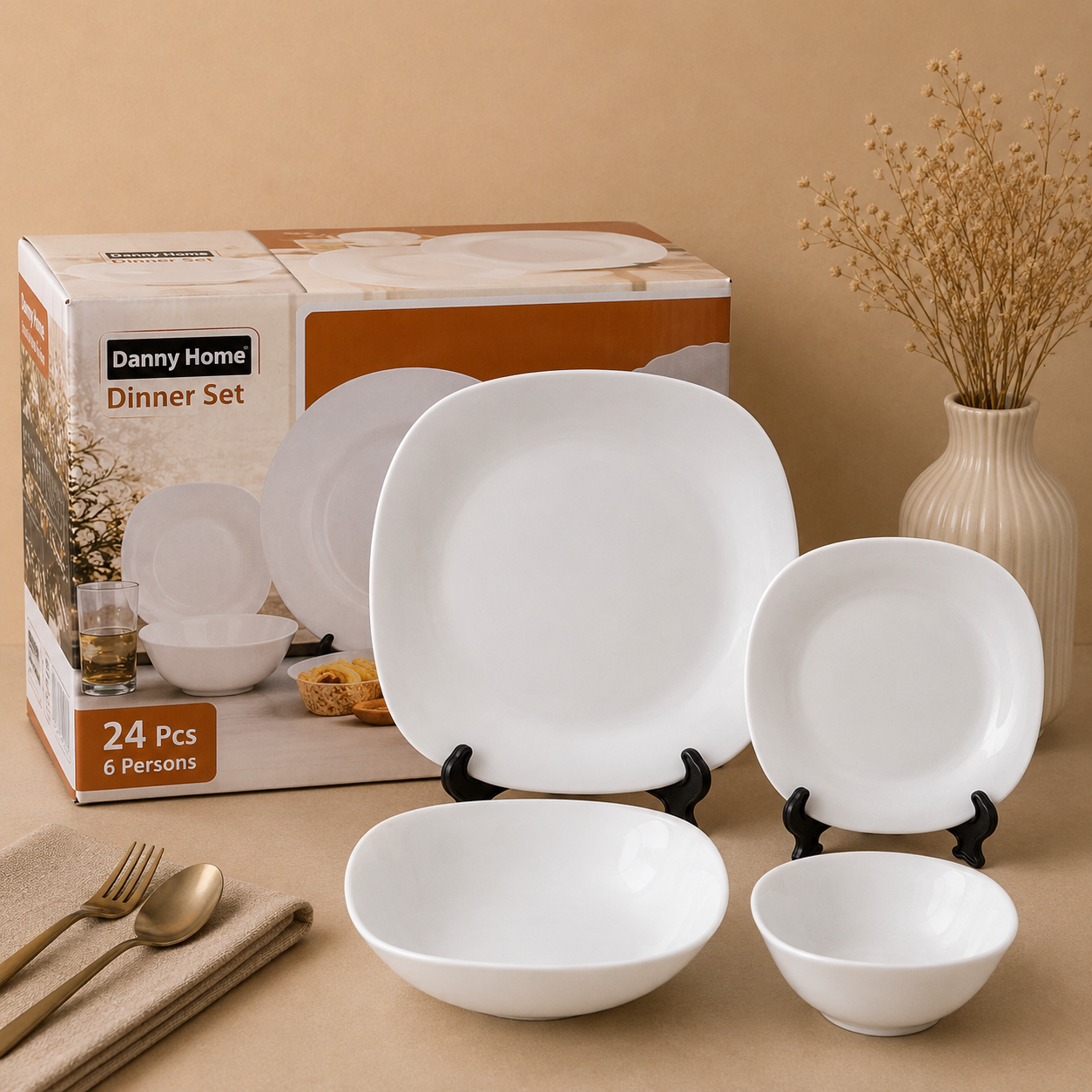 Danny Home™
Danny Home 24 Pcs Modern Square White Dinner Set