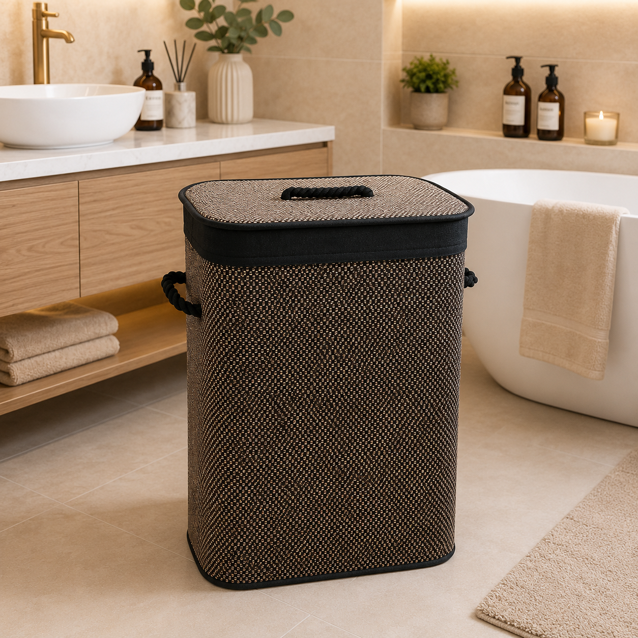 Bamboo Laundry Basket with Lid – Single Compartment (Dark Brown)