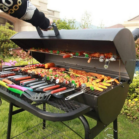Large Barbecue Smoker Grill Oil Drum Charcoal BBQ Grill With Smokestack With Wheels And Thermometer