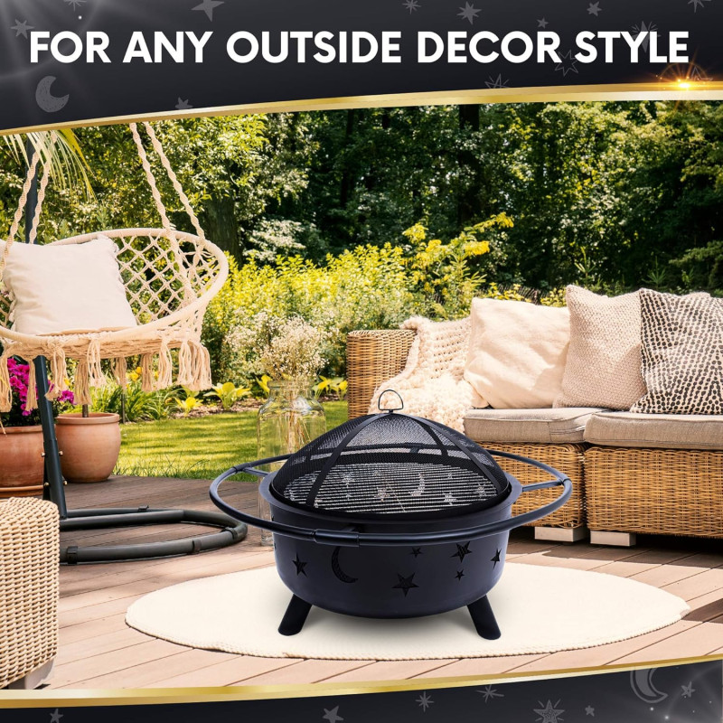 Round Bonfire Wood Burning Patio & Backyard Firepit For Cooking BBQ Grill