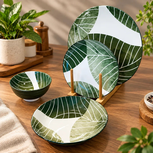 24-Piece Premium Green & White Ceramic Dinnerware Set