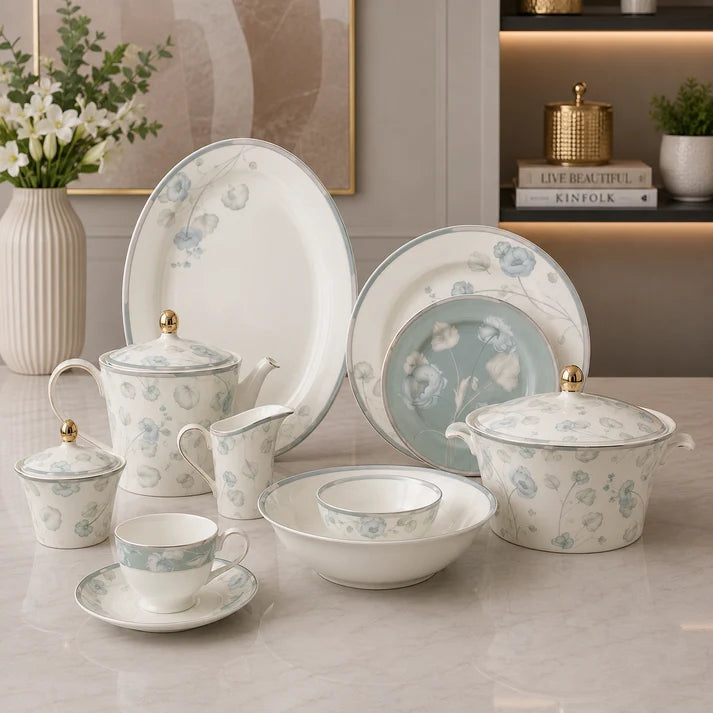 Azure Rose Elegance Dinner Set – 61 Pieces