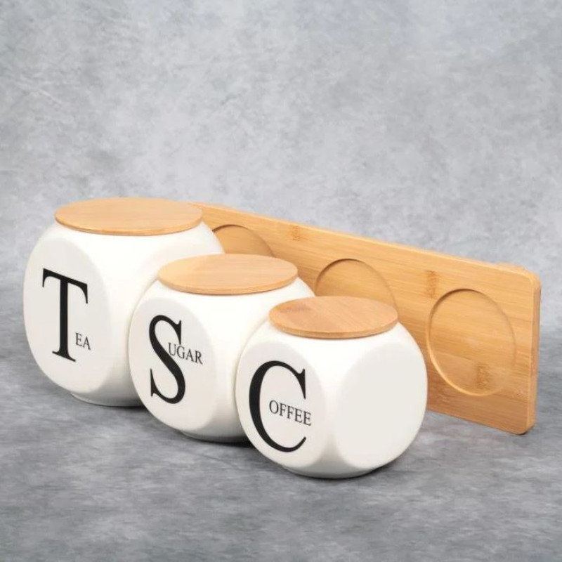 Modern Ceramic Jar Set With Bamboo Stand – Tea, Sugar & Coffee Containers