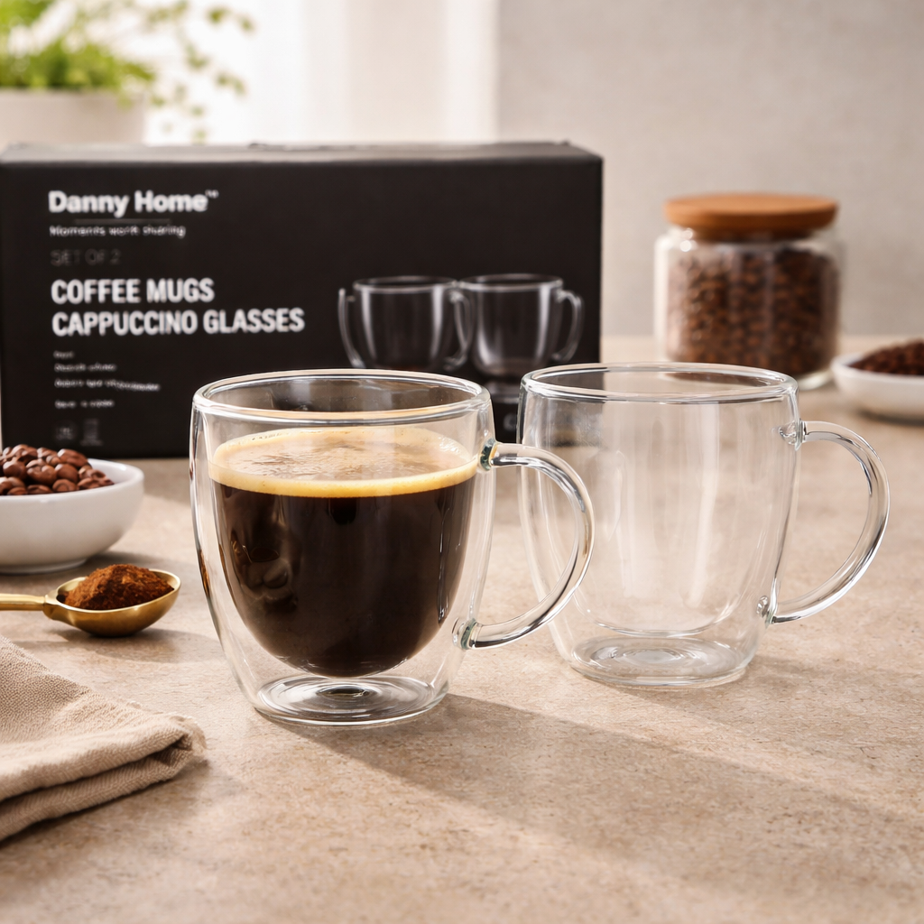 Danny Home Double Walled Cappuccino Glasses with Handle 200ml