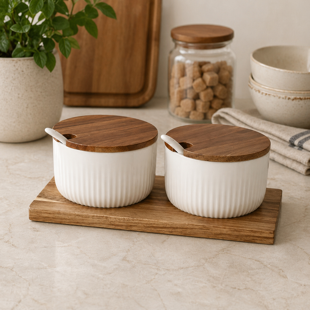 Danny Home Porcelain Sugar Bowl Wooden Lid Set 2pcs