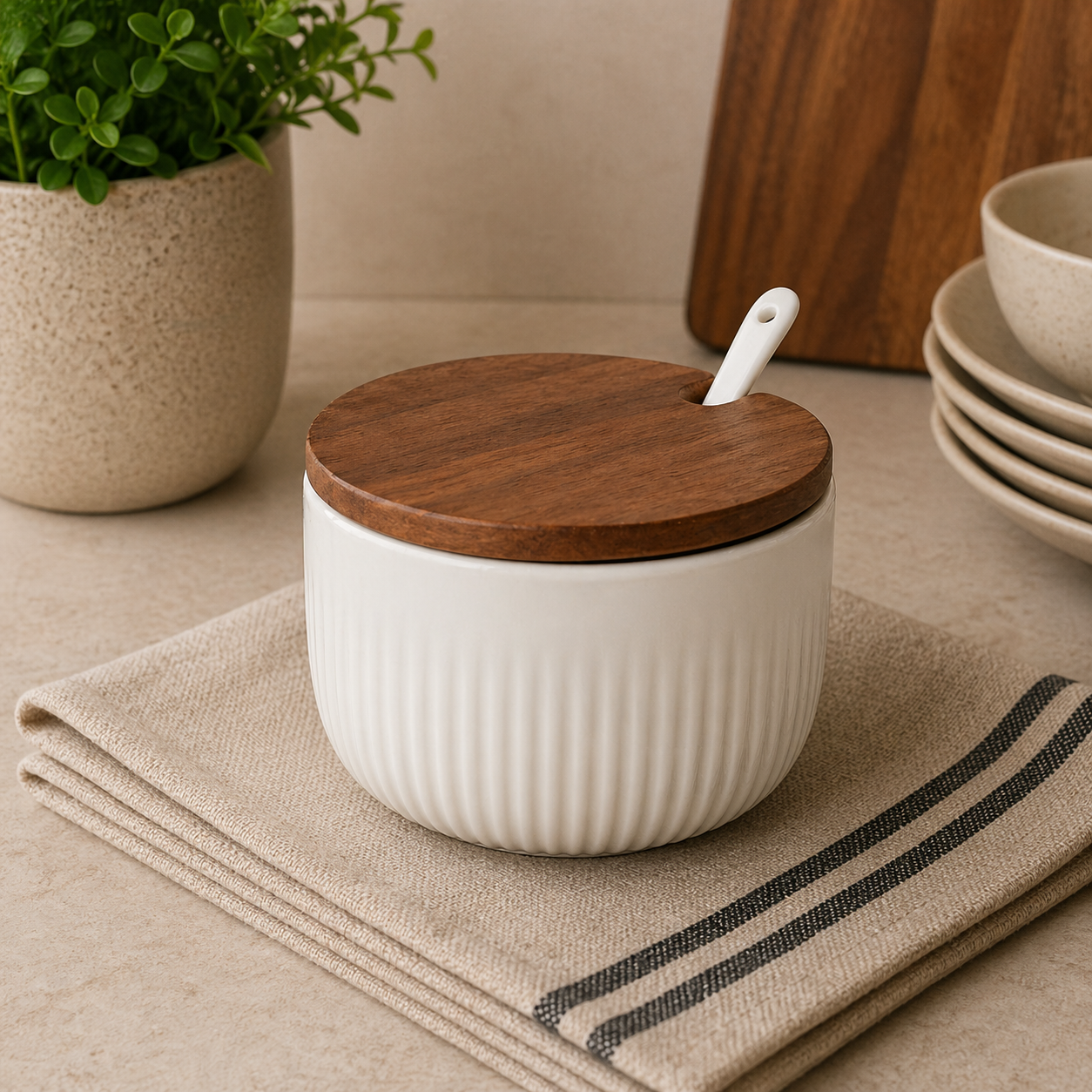 Danny Home Porcelain Sugar Bowl Wooden Lid