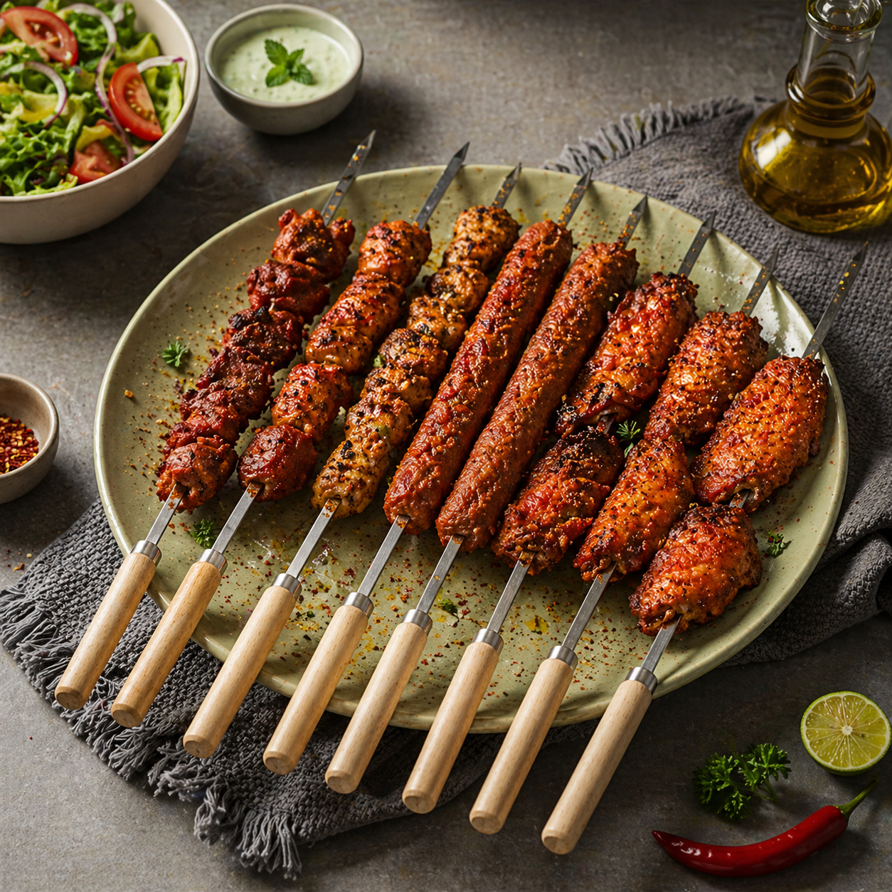 Flat Barbecue Stainless Steel Skewers Set with Wooden Handle