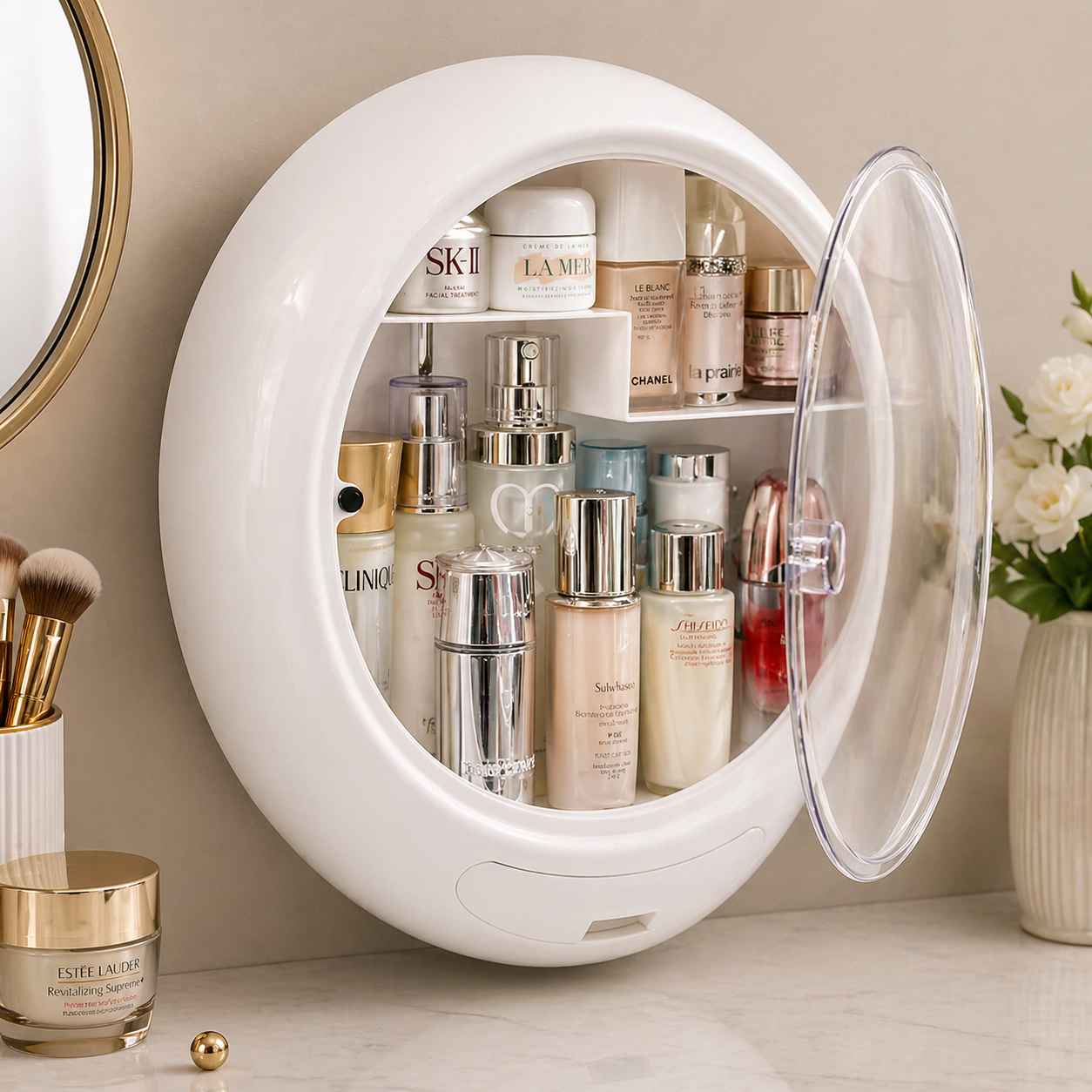 Wall Mounted Dustproof Cosmetic Organizer – Oval Makeup Storage Box