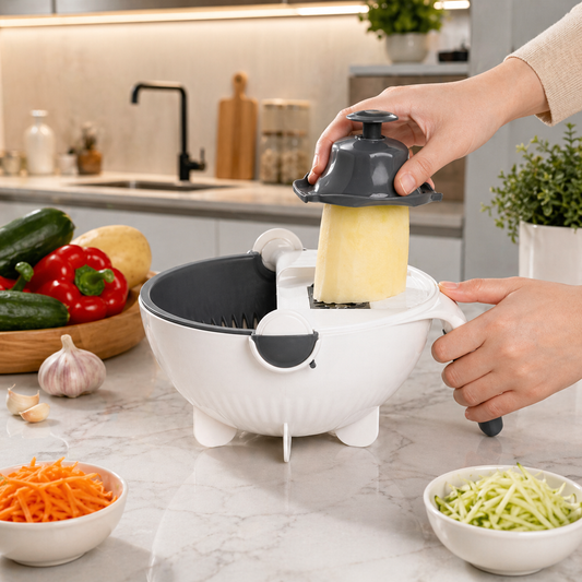 New 9 in 1 Multifunction Magic Rotate Vegetable Cutter with Drain Basket