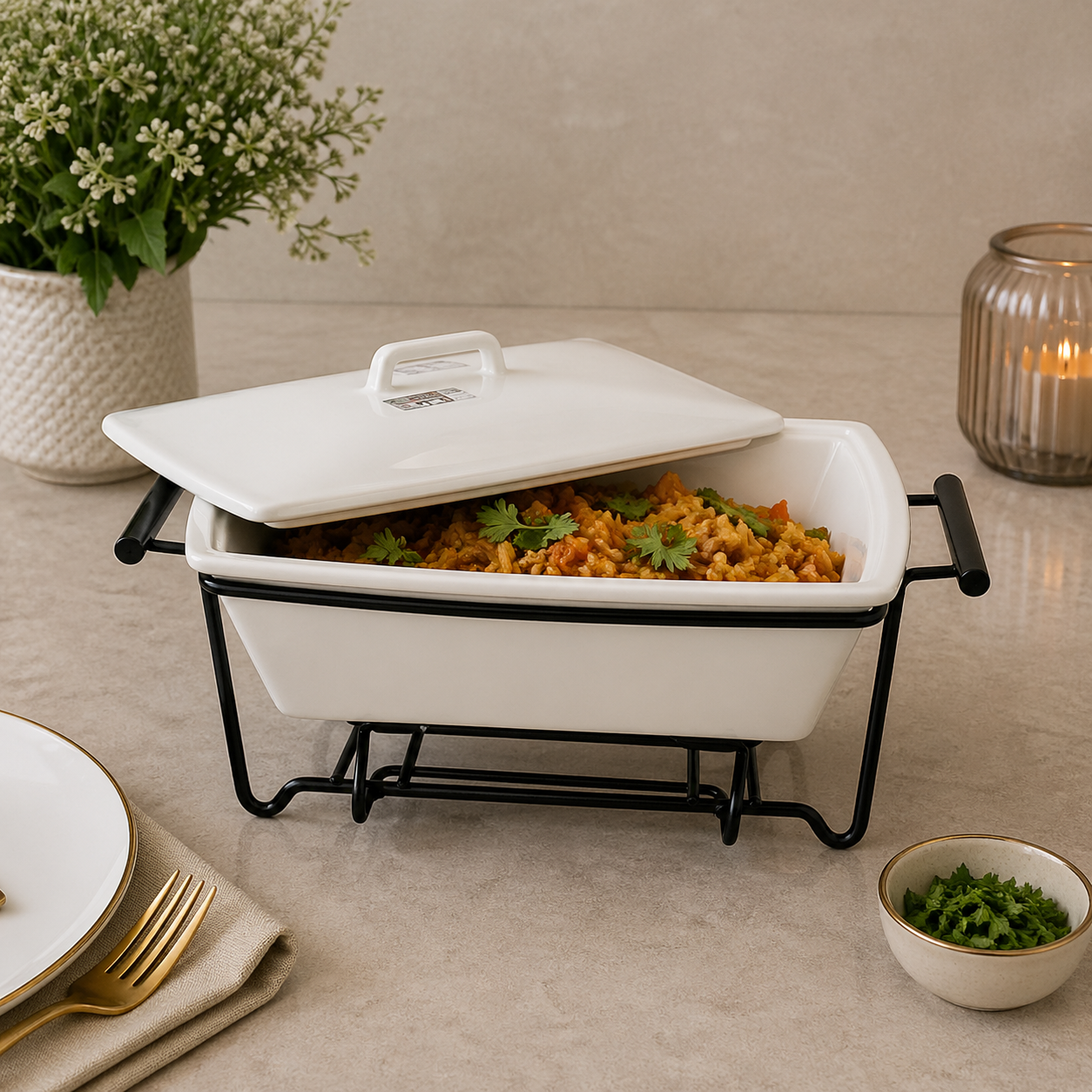 Brilliant 10.25-Inch Ceramic Casserole with Metal Stand