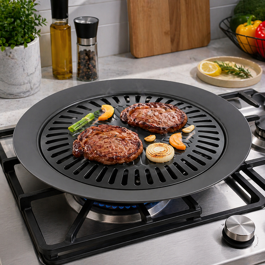Round Stovetop BBQ Grill Pan – Non-Stick Smokeless Grill Plate