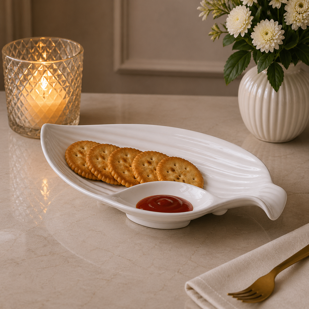 Brilliant Leaf-Shaped Ceramic Serving Dish with Dip Compartment