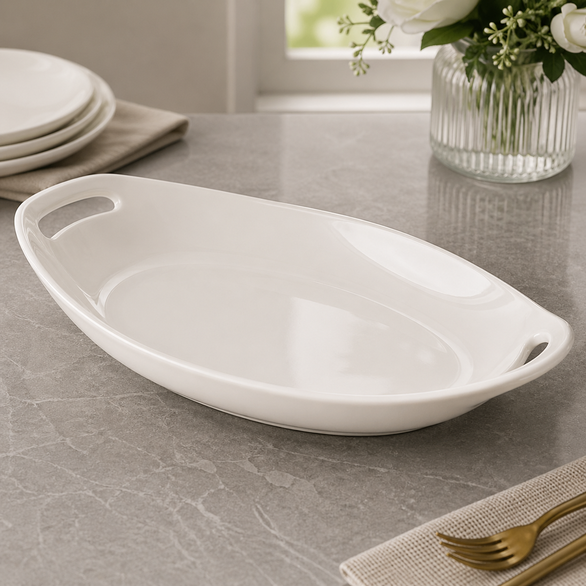 Brilliant 10-Inch Oval Ceramic Serving Plate with Handles