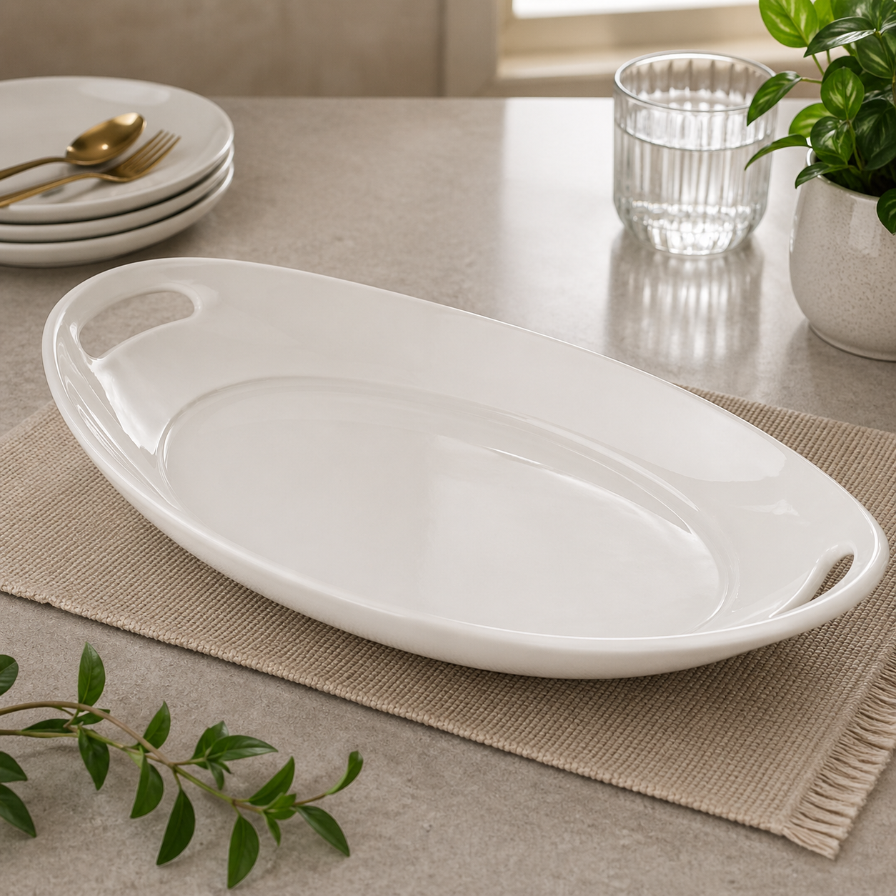 Brilliant 14-Inch Oval Ceramic Serving Plate with Handles