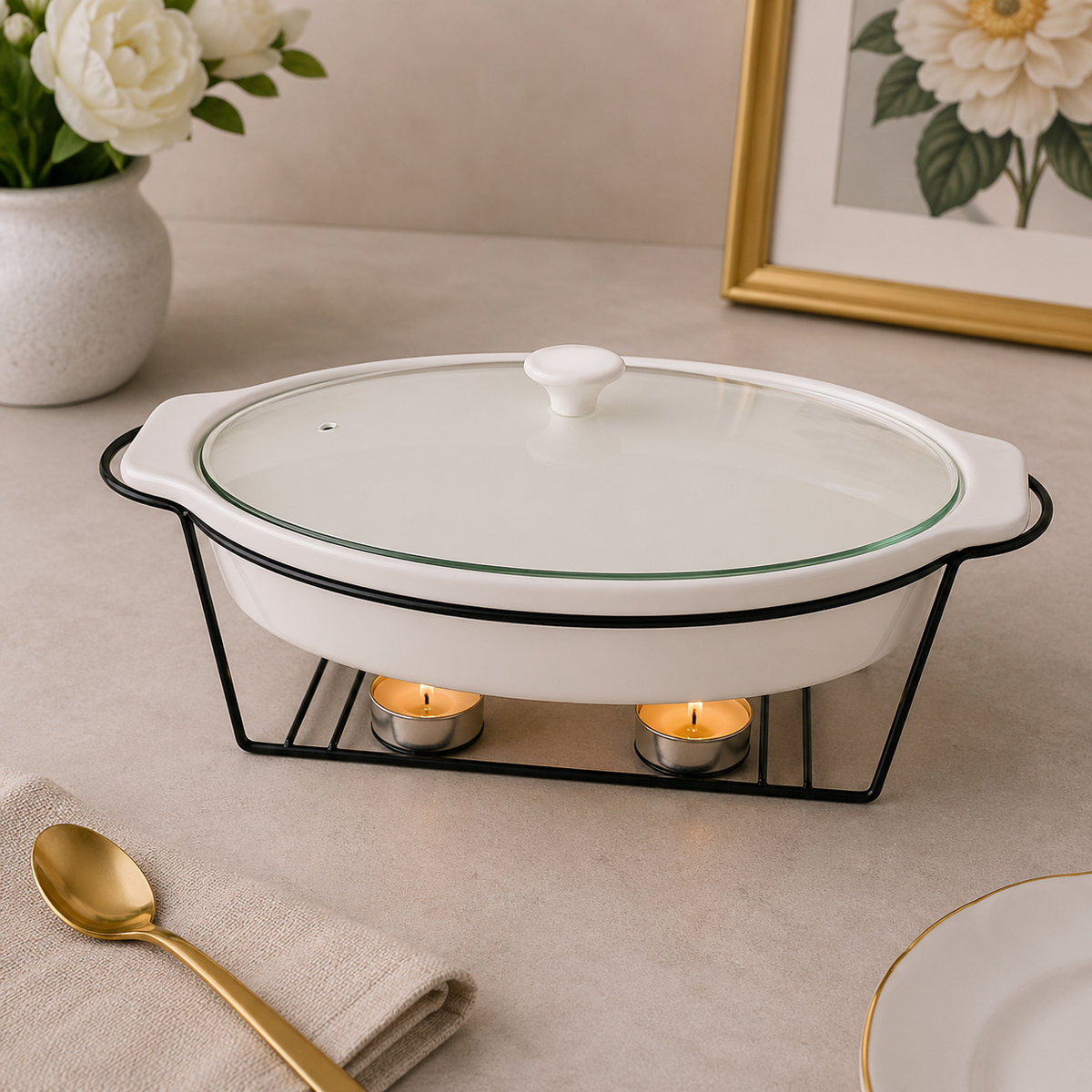 Brilliant 12-Inch Oval Ceramic Chafing Dish with Metal Candle Stand