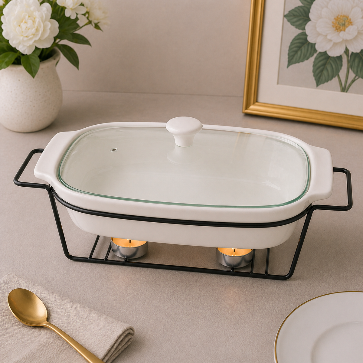 Brilliant 16-Inch Oval Ceramic Chafing Dish with Metal Candle Stand