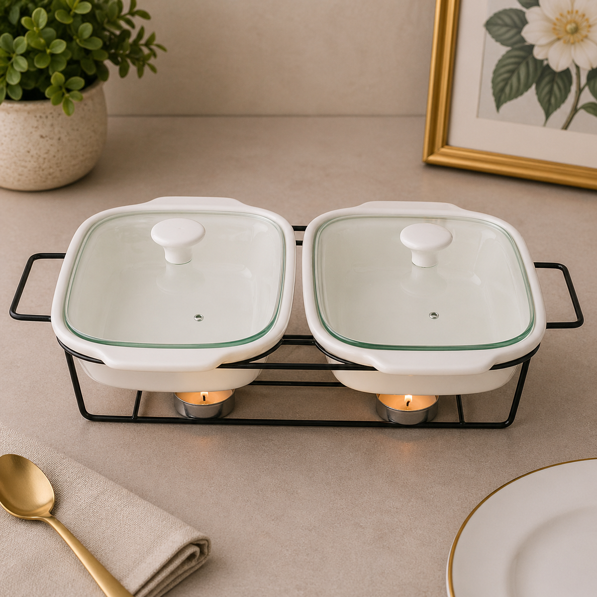 Brilliant 12-Inch Dual Oval Ceramic Chafing Dish Set with Metal Candle Stand