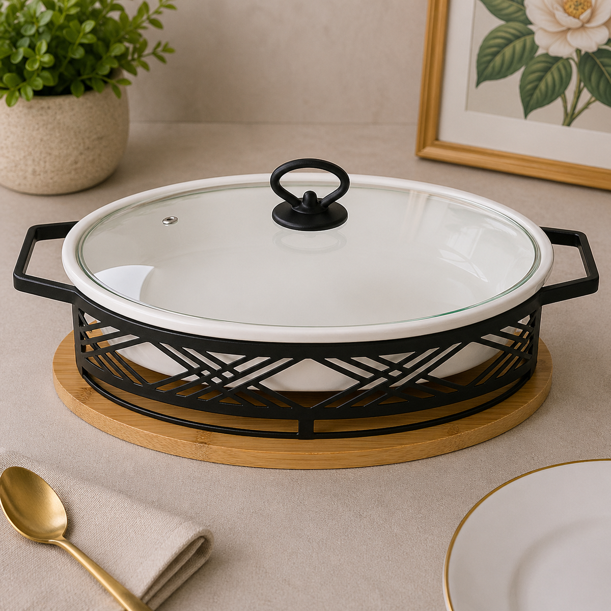 Brilliant 12-Inch Oval Ceramic Chafing Dish with Designer Metal Stand & Wooden Base