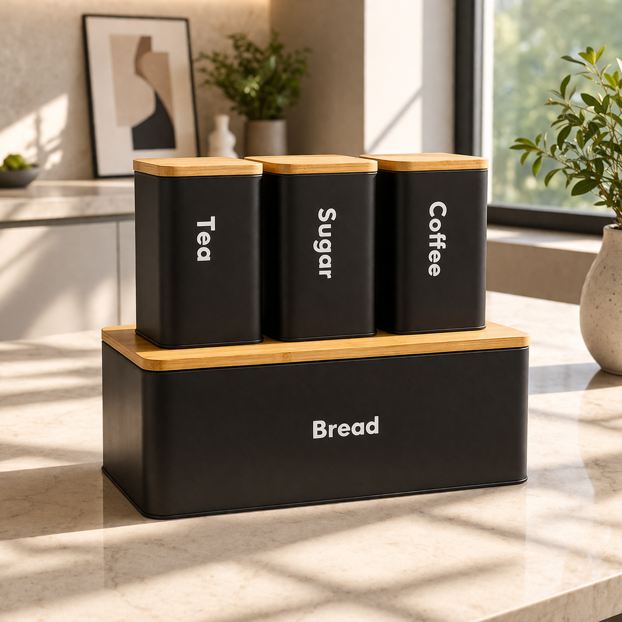Modern Metal Bread Box & Storage Canister Set – 4 Pcs (Tea, Coffee, Sugar)