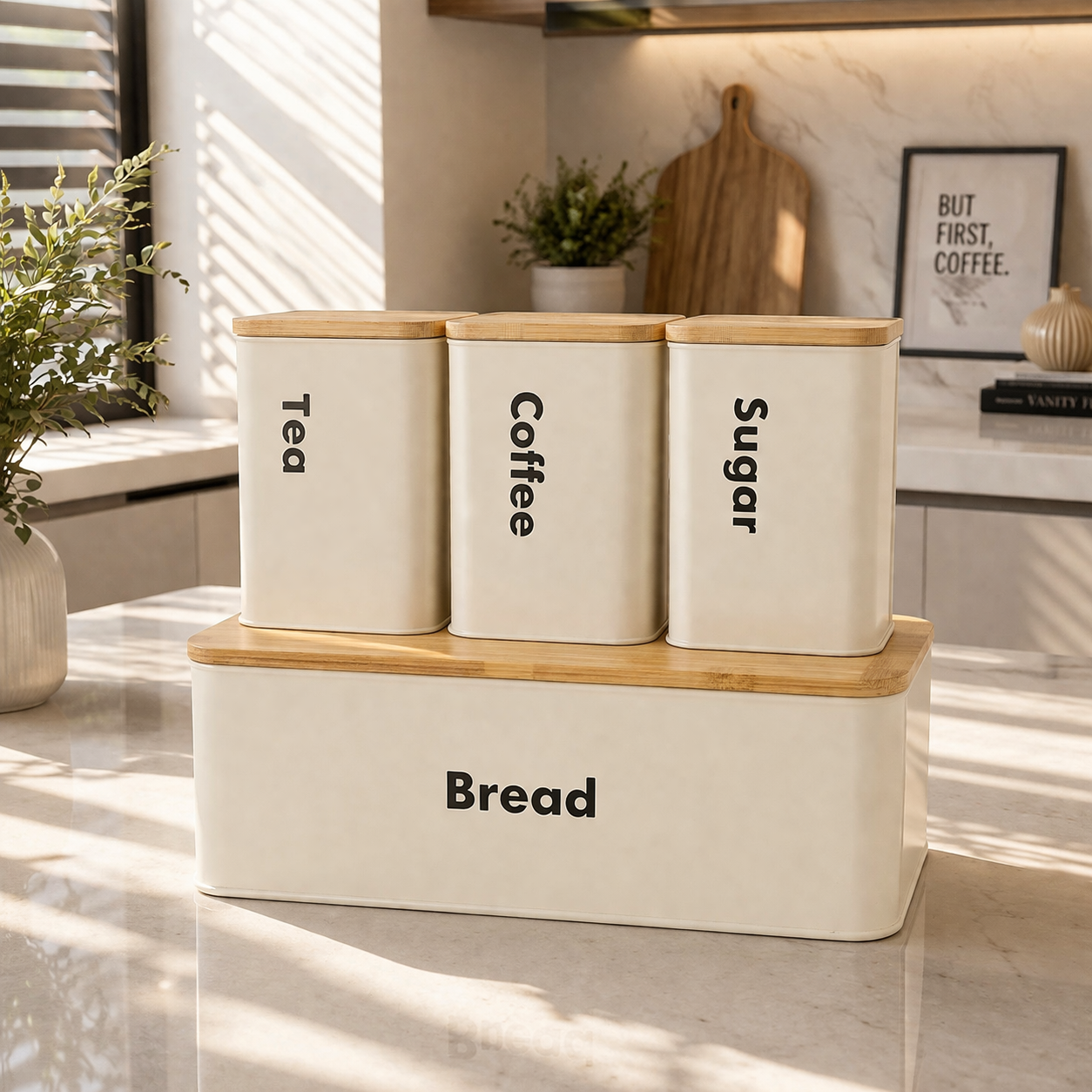 Modern Metal Bread Box & Storage Canister Set – 4 Pcs (Tea, Coffee, Sugar)