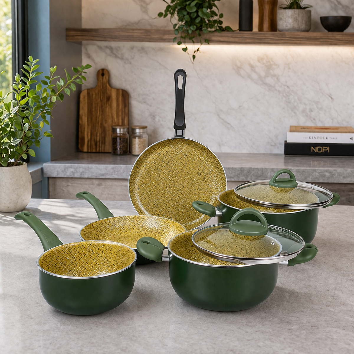 ILLA 7 Pcs Non-Stick Cookware Set – Premium Granite Coating (Green Finish)