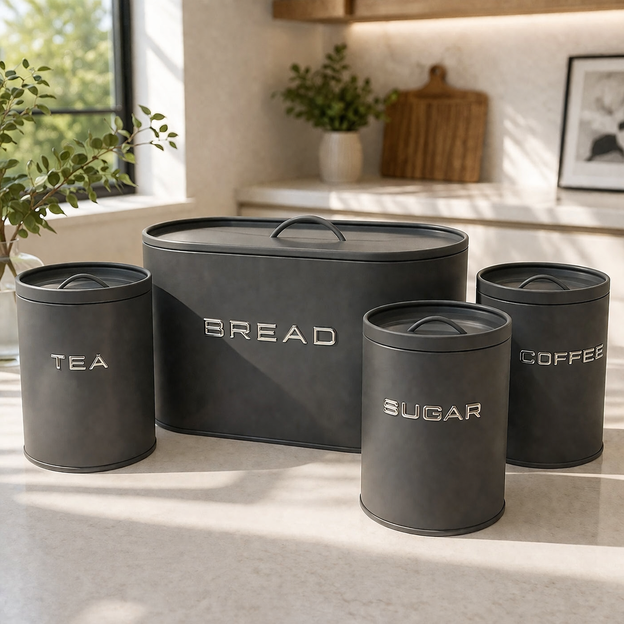 Elegant Metal Bread Box & Canister Set – 4 Pcs (Tea, Sugar, Coffee)