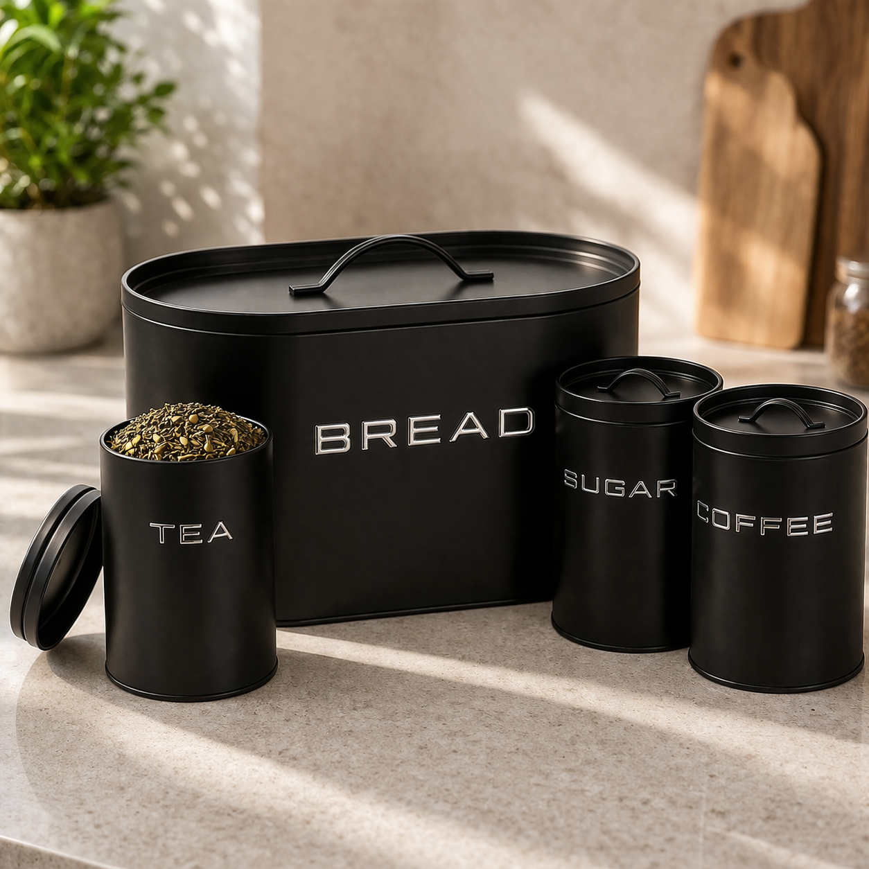 Elegant Metal Bread Box & Canister Set – 4 Pcs (Tea, Sugar, Coffee)