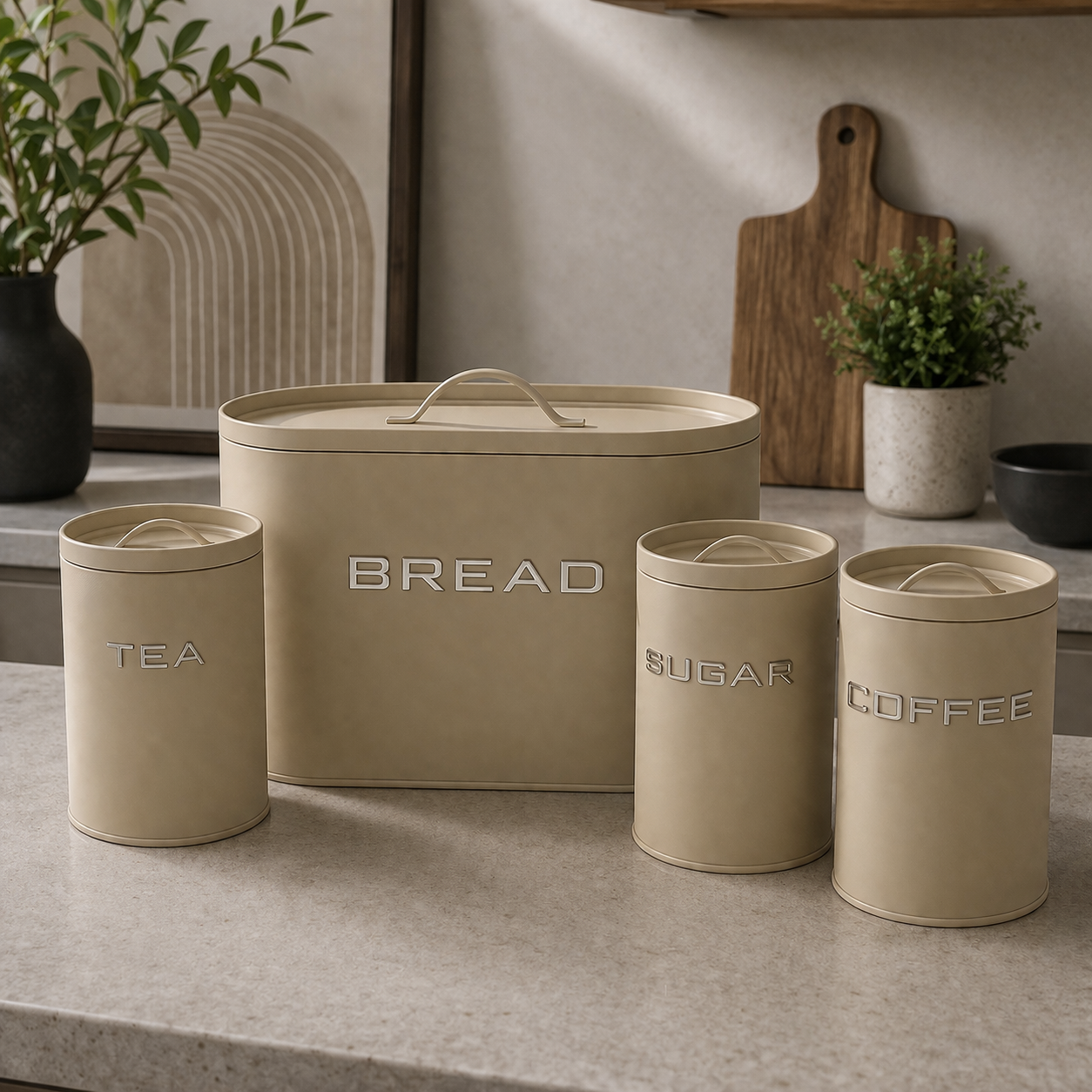 Elegant Metal Bread Box & Canister Set – 4 Pcs (Tea, Sugar, Coffee)