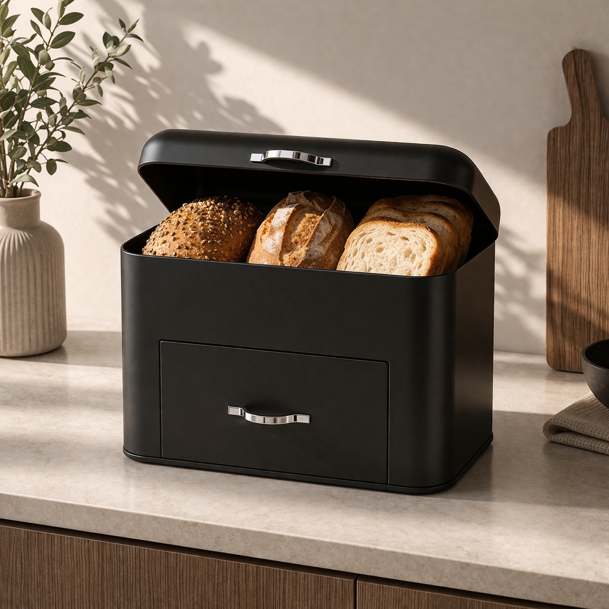 Elegant Metal Bread Box with Storage Drawer – Matte Black Kitchen Organizer