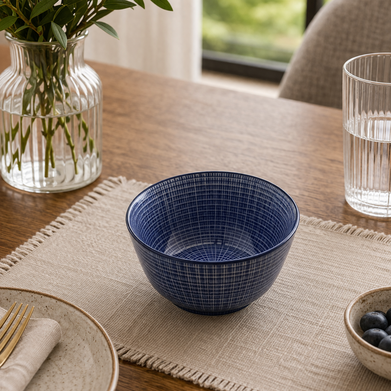 Danny Home Elegant 3.75" Blue Line Ceramic Bowl – Classic Pattern Series