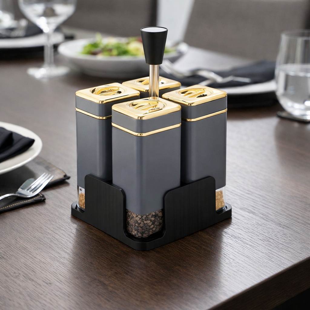 Luxury 4-Piece Spice Jar Set with Stand – Gold & Matte Grey