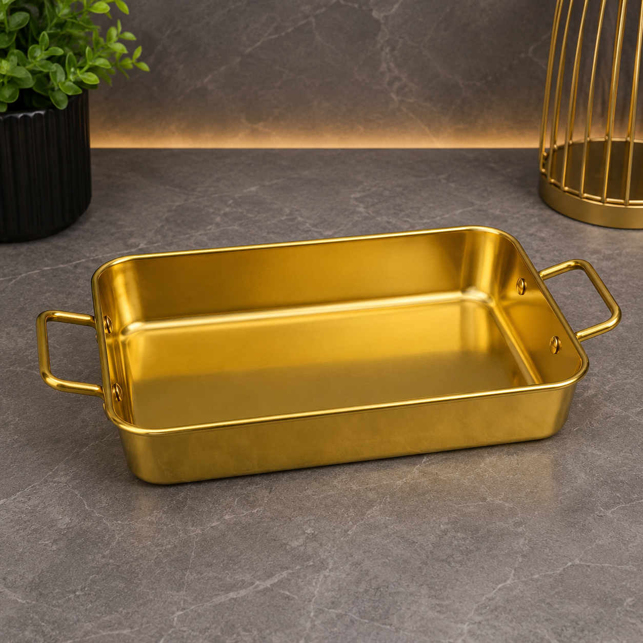 Luxury Golden Stainless Steel Serving Dish with Handles – 25cm