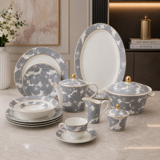 Silver Bloom Elegance Porcelain Dinner Set – 61 Pieces