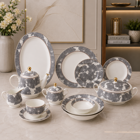 Silver Flora Prestige Porcelain Dinner Set – 61 Pieces